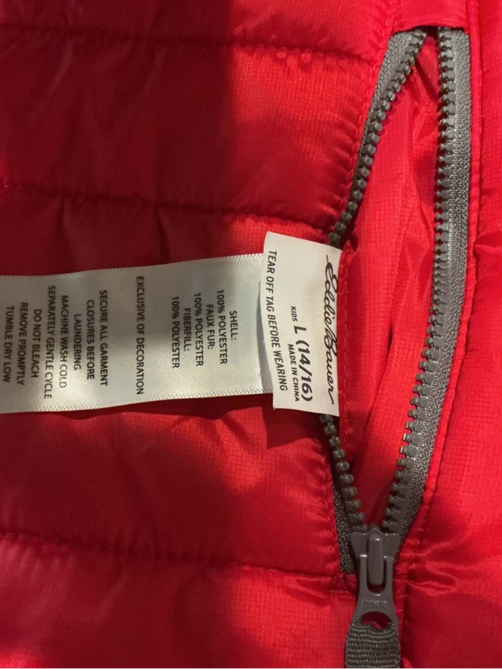 Eddie Bauer Kids Puffer Jacket Size L 14/16 Red Gray Hooded Warm Winter Coat - Picture 8 of 8